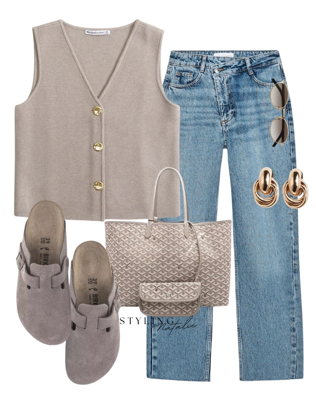 Everyday look, casual outfit, taupe knit vest with gold buttons, crossover waist jeans, suede Birkenstock clogs, tote bag, gold earrings. Summer outfit, neutral look, casual chic 

#LTKsummer #LTKstyletip #LTKeurope