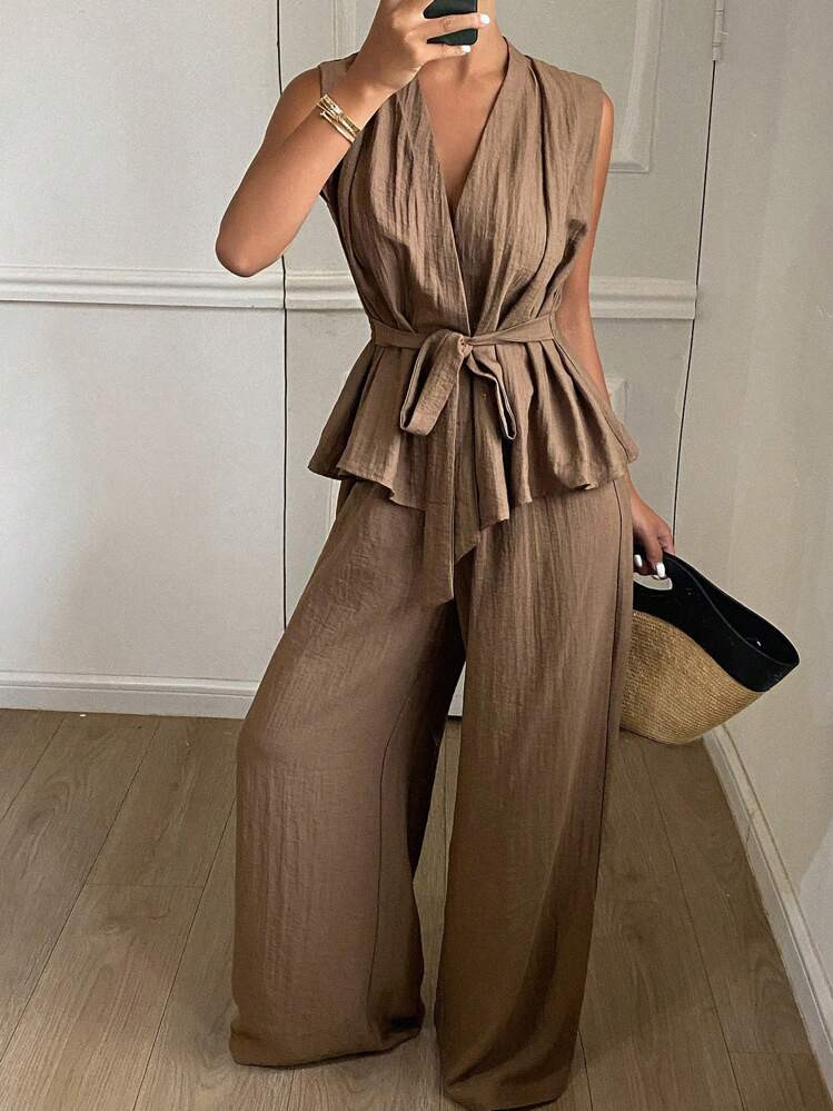 Livesso Women's V-Neck Crisscross Spaghetti Strap Sleeveless Vest And Loose Wide Leg Pants 2 Pieces Set, Casual For Summer,Back To School Clothes | SHEIN