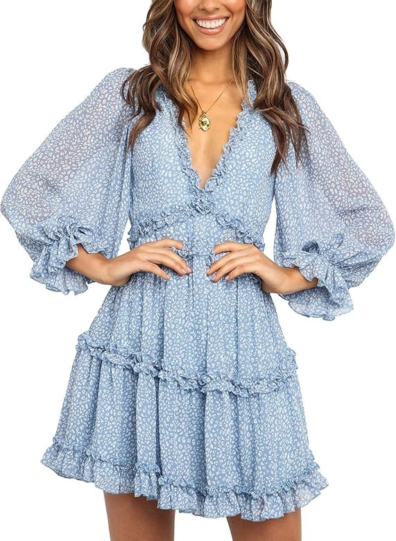 Womens Square Neckline Long Sleeve Floral Print Mini Dress | Amazon (US)