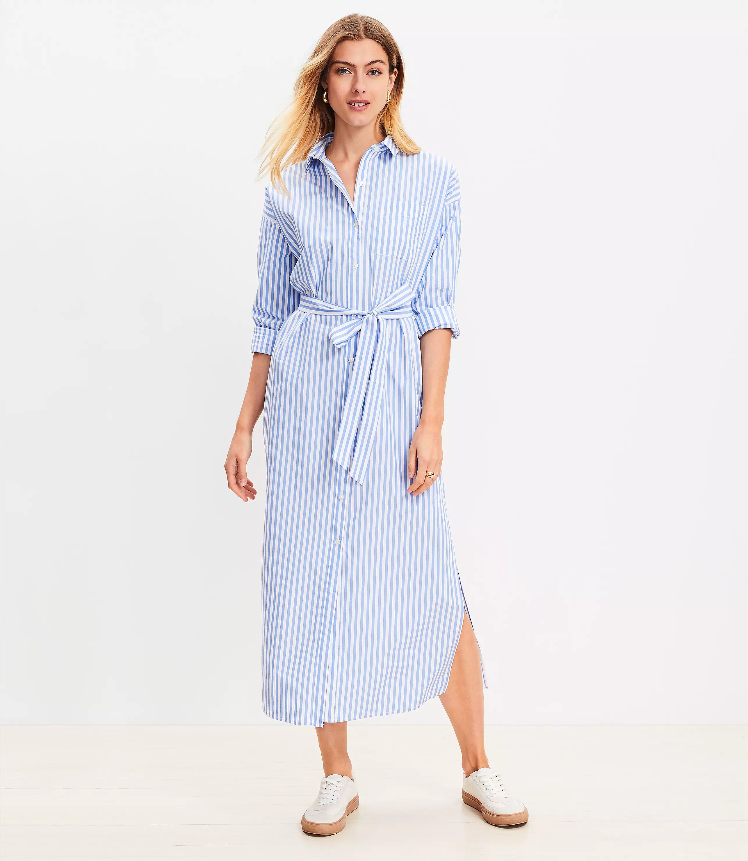 Striped Poplin Belted Pocket Shirtdress | LOFT