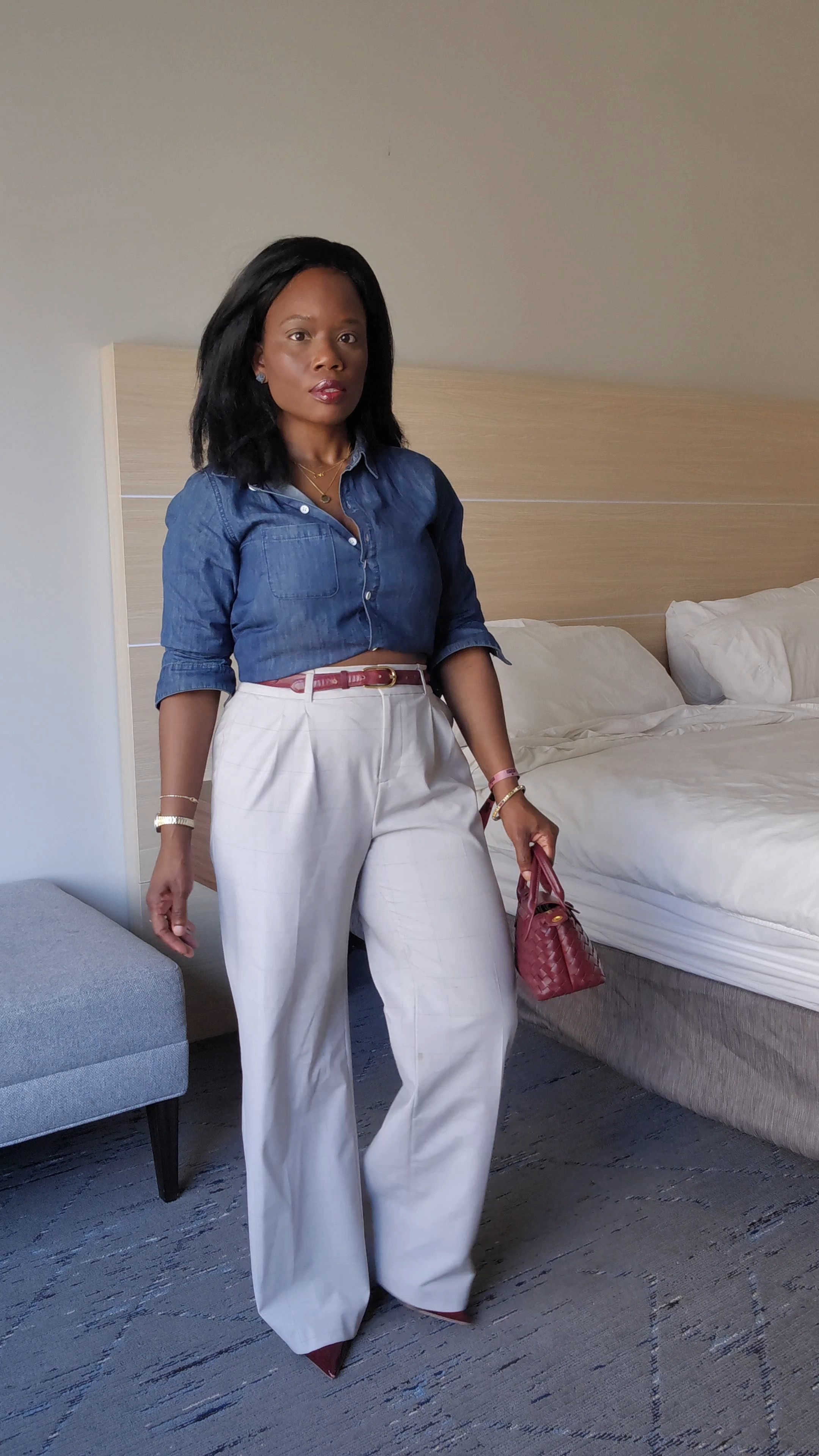 Invite said casual chic! So I answered with a denim button down, wide leg Calvin Klein windowpane trouser & burgundy accessories (slingback heels, belt + woven minibag)

#LTKootd #LTKPetite #LTKFindsUnder100