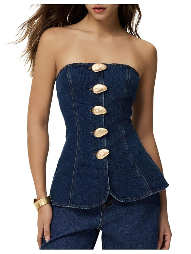 Floerns Women's Elegant Strapless Metal Button Front Denim Tube Tops Tube Sleeveless Bandeau | Amazon (US)