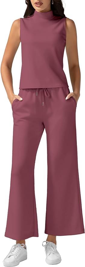 Women's Summer 2 Piece Outfits Mock Neck Tank Top Cropped Wide Leg Pants Lounge Sets 2024 Fashion... | Amazon (US)