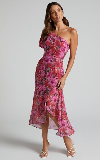 Clabelle Midaxi Dress - One Shoulder Ruffle Tulip Hem Dress in Violette Blur Floral | Showpo (US, UK & Europe)