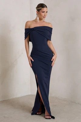 Eva | Navy Bardot Bow Detail Maxi Dress With Thigh Split | Club L London