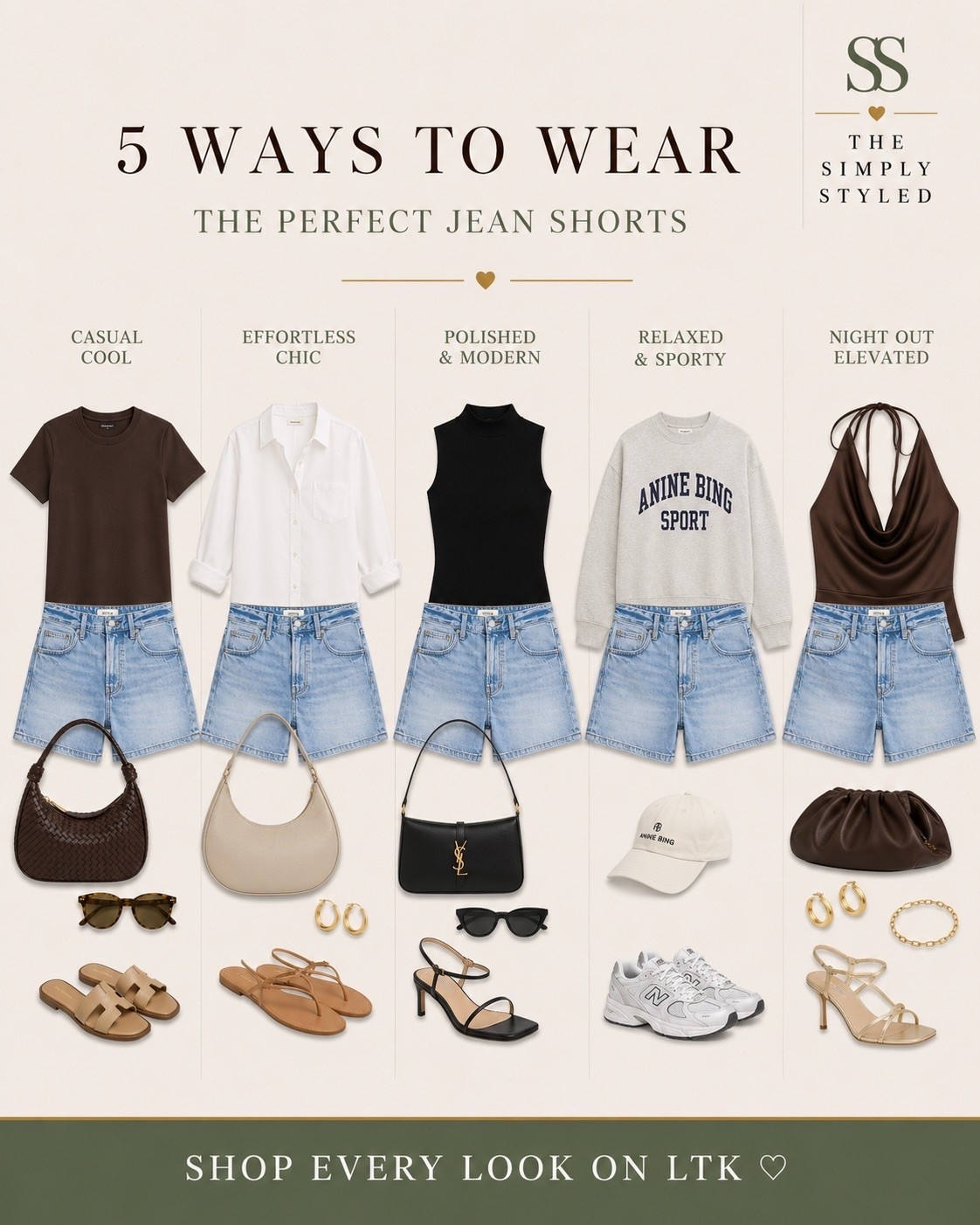 5 ways to wear the perfect jean shorts 🤎

Featuring light wash denim shorts styled for casual summer outfits, elevated everyday style, vacation outfits, weekend wear, date night looks, casual chic outfits, and effortless capsule wardrobe dressing.

✨ Brown fitted tee + woven shoulder bag
✨ White button-down shirt + neutral accessories
✨ Black sleeveless mock neck + heels
✨ Graphic sweatshirt + sneakers
✨ Satin halter top + gold heels

Perfect outfit inspiration for summer denim shorts, mom-friendly fashion, elevated casual style, neutral outfits, and timeless wardrobe staples.

Shop every look on LTK ♡

#LTKootd #LTKmomlife #LTKSaleAlert