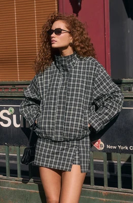 ASTR the Label | Cooper Polka Dot Funnel Neck Bomber Jacket in Navy cream dot |  Size XS | ASTR The Label (US)