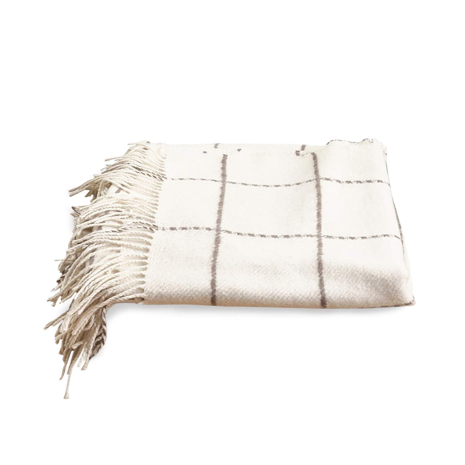 SARO LIFESTYLE Geometric Windowpane Design Tassel Wool Blend Throw Blanket, 50" x 60", Ivory | Amazon (US)