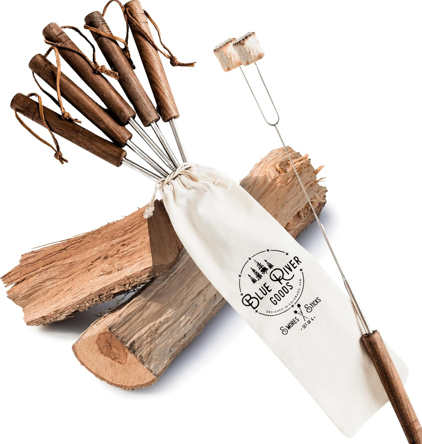 Blue River Goods Smores Sticks | Set of 6 Marshmallow Sticks for Fire Pit | Stainless Steel w/Walnut Handles | Smore Sticks for Marshmallow Roasting Sticks | Smore sticks for Fire Pit | Amazon (US)