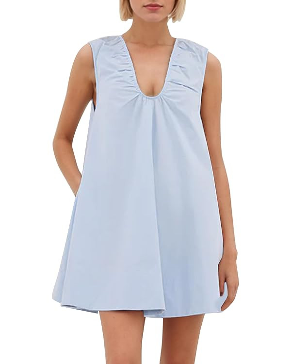 MISSACTIVER Women's Sleeveless Babydoll Tank Mini Dress Scoop Neck Ruched Short Dress with Side P... | Amazon (US)