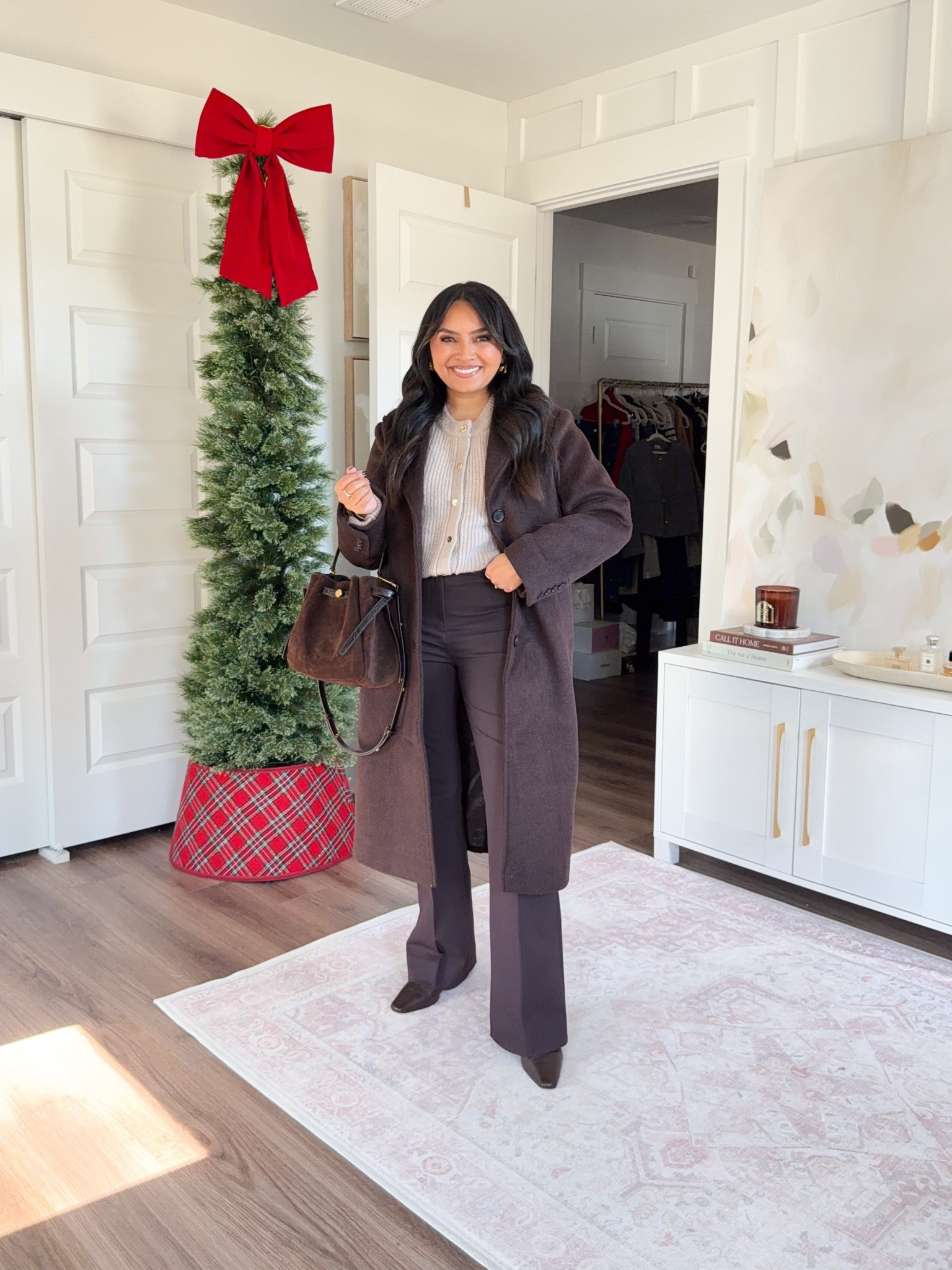 Dark coffee brown coat size xs petite TTS
Sand ivory crew cardigan size xs TTS
Dark coffee brown bootcut pant size 26 short TTS
Dark brown leather boots size 5.5 TTS

#LTKPetite #LTKStyleTip #LTKWorkwear