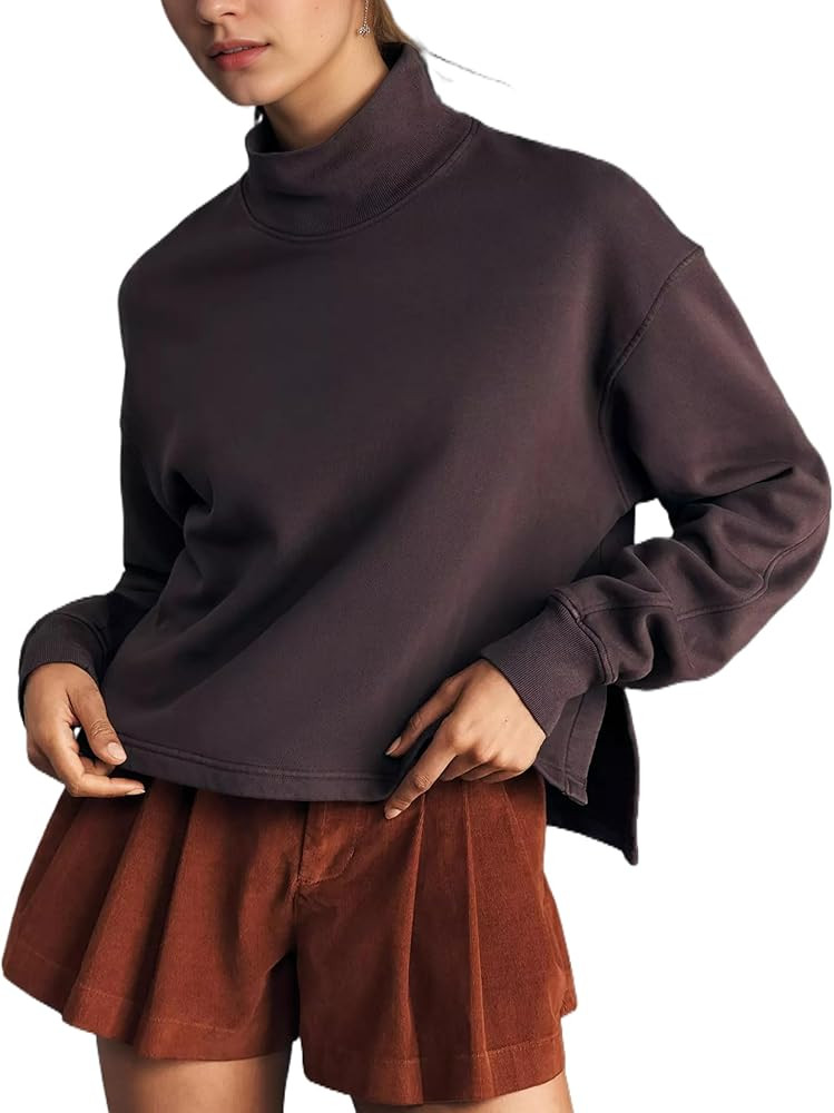 Ythomm Womens Mock Turtleneck Sweatshirt Long Sleeve Side Slit Pullover Tops Casual High Low Hem ... | Amazon (US)