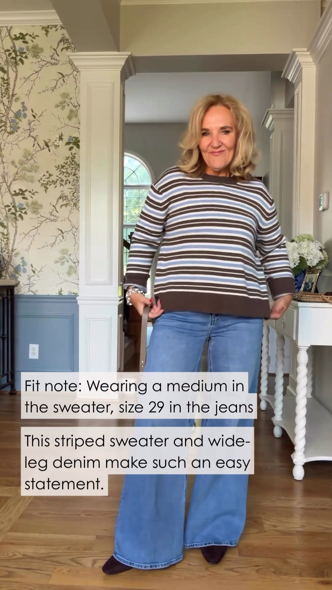 I’m wearing a medium in the sweater and a size 29 in the jeans. I really like the mix of the stripes with this wide-leg denim, it’s simple, but the stripes give it just enough personality.

#LTKgrwm #LTKdayinmylife #LTKootd