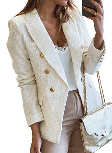 Happy Sailed Double Breasted Tweed Blazer Jackets for Women Slim Fit Open Front Pockets Jackets Coat Formal Lapel Collar Long Sleeve Blazers Outwear Bunissness Work Suits White XL | Amazon (US)
