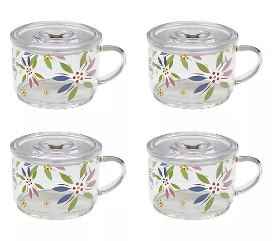 Temp-tations Set of 4 18-oz Glass Meal Mugs w/ Plastic Lids | QVC