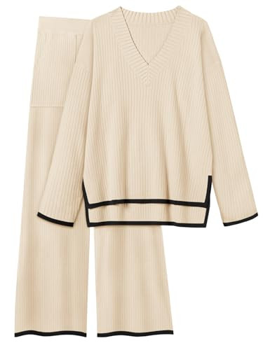 Yousify Travel Outfits for Women 2 Piece Lounge Set Sweatsuit Knit Long Sleeve V Neck Sweater Wide Leg Pants Loungewear Beige | Amazon (US)