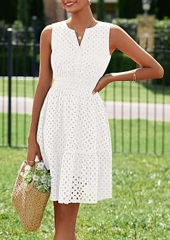PRETTYGARDEN Women's Summer Dresses 2026 Sleeveless V Neck Eyelet Hollow Out Swing A Line Beach V... | Amazon (US)