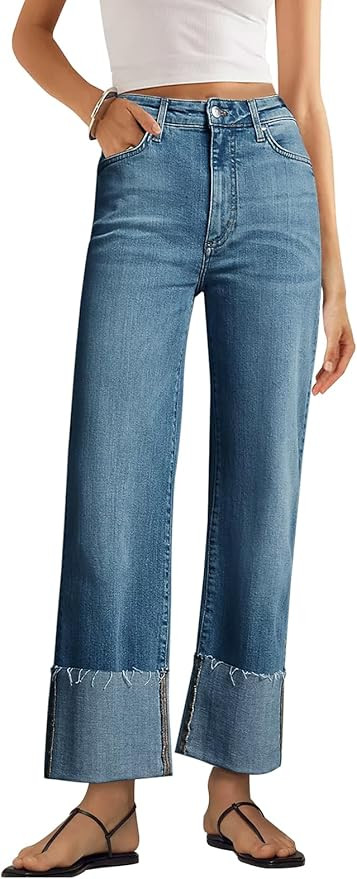 KUNMI Women's Wide Leg Jeans High Waisted Straight Leg Stretchy Denim Pants with Pockets | Amazon (US)