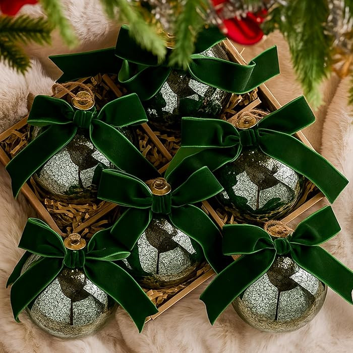 6 Pcs 4 Inch Large Vintage Mercury Glass Christmas Ornaments with Velvet Bow Christmas Hanging Gl... | Amazon (US)