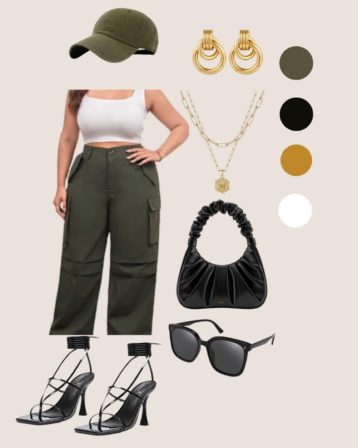 Cargo Pants outfit, green cargo pants, white tank top, olive green cap, black hand bag, black heels, gold necklace 2 layers, gold hoop earrings 

#LTKFind #LTKcurves #LTKstyletip