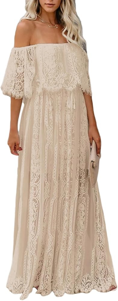 Cercis Womens Off The Shoulder Floral Lace Maxi Wedding Dress Boho Flowy Wedding Guest Formal Lon... | Amazon (US)
