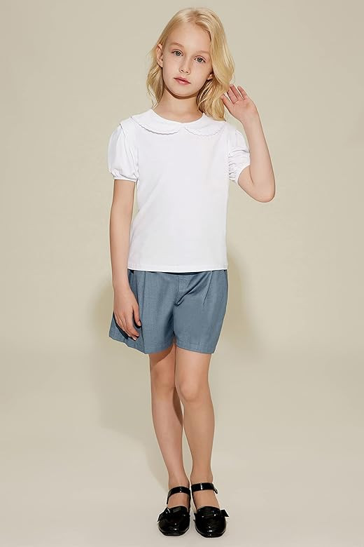 Danna Belle Peter Pan Collar Shirt Girls Girl Short Sleeve Blouse Girl Solid Color Tee Top Shirt Siz | Amazon (US)