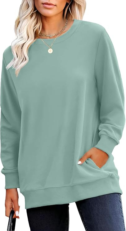 RUMIA Crewneck Fall Sweatshirt for Women Plain Long Sleeve Top with Pocket | Ladies Oversized Cas... | Amazon (US)