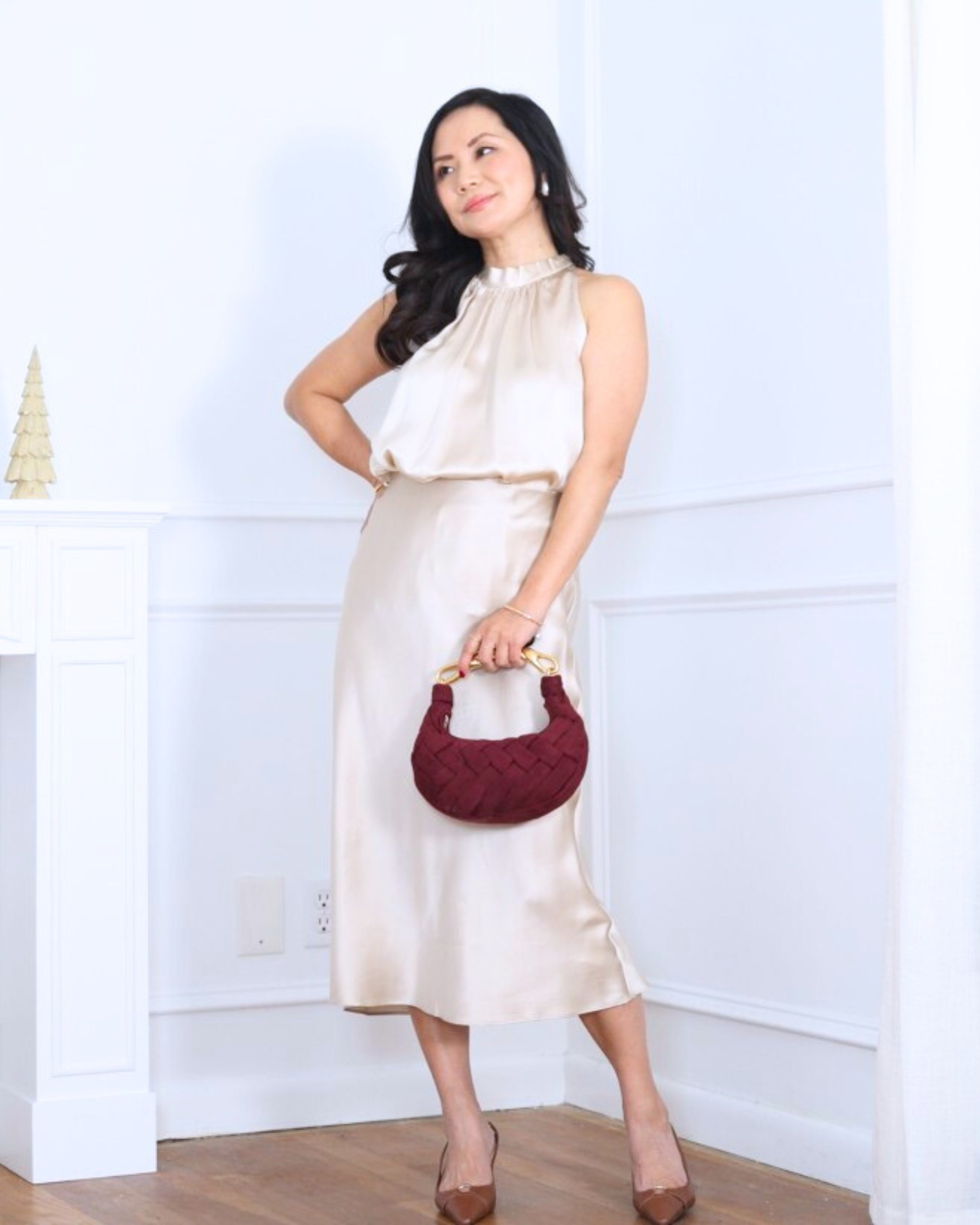 Elevated silk on silk today — this halter top and midi skirt from Quince feel effortless and luxe all at once, and the Mango heels tie everything together. Simple, sleek, and perfect for those nights when you want to look polished with zero fuss. I’m 5’2, wearing size XS.

#LTKOver40 #LTKHoliday #LTKPetite