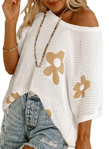 Dokotoo Womens 2026 Floral Summer Crochet Sexy Short Sleeve Sweaters Tops Spring Off Shoulder Pullover Shirt Lightweight Knit Sweater Blouse Vacation Outfits Spring Clothes for Women,White Medium | Amazon (US)