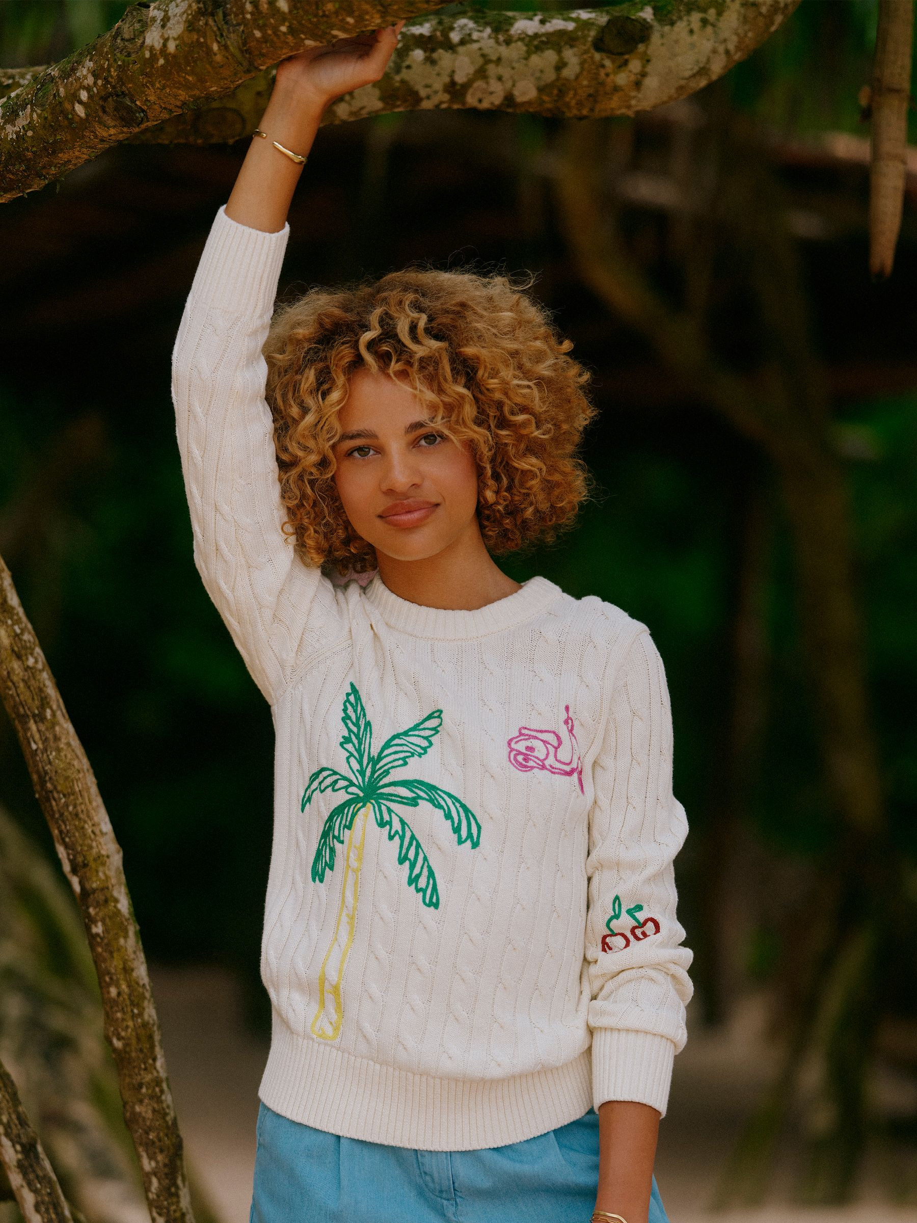 Cream Embroidered Classic Crew Neck Cotton Cable Knit Jumper | Joules | Joules