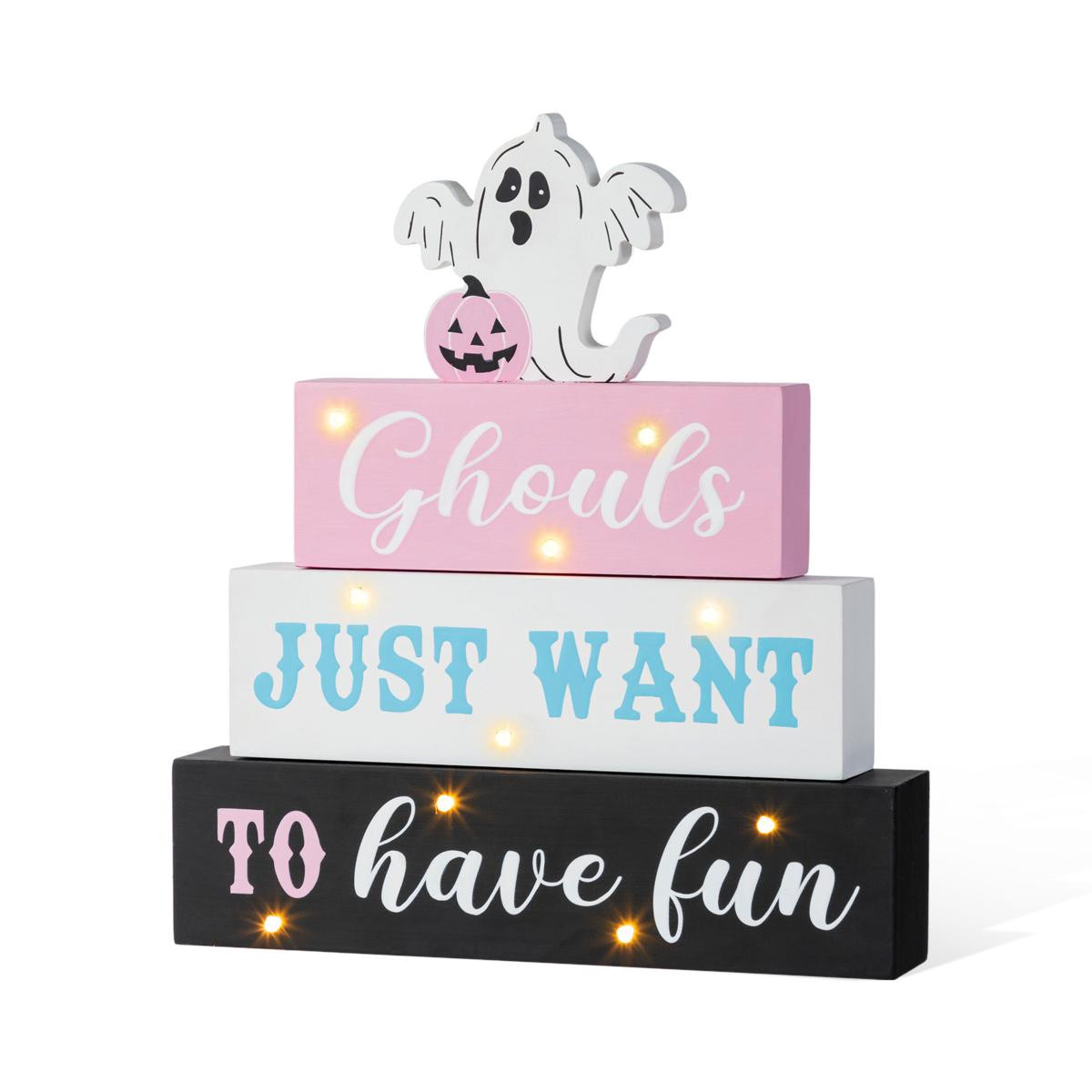Glitzhome 11.75"H Halloween Lighted Pink Wooden Ghost Block Word Sign - 23681653 | HSN | HSN