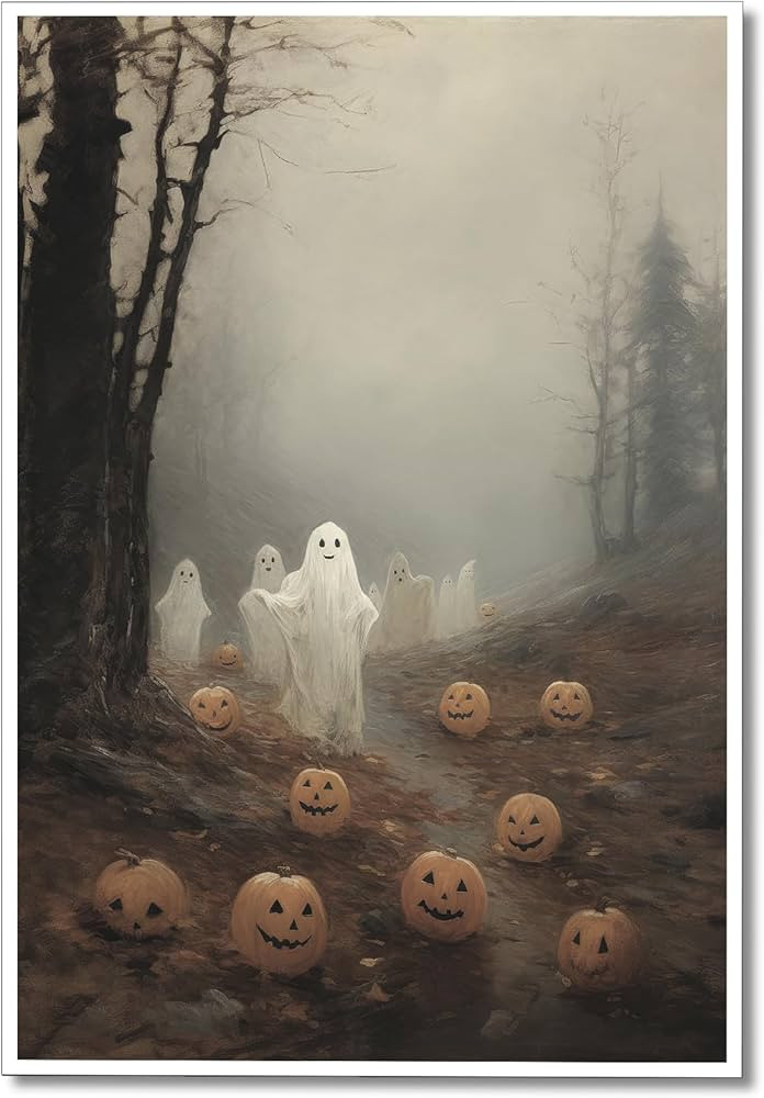 ogyormpi Vintage Halloween Canvas Wall Art, Cute Ghosts In Haunted Forest Poster, Funny Spooky Li... | Amazon (US)