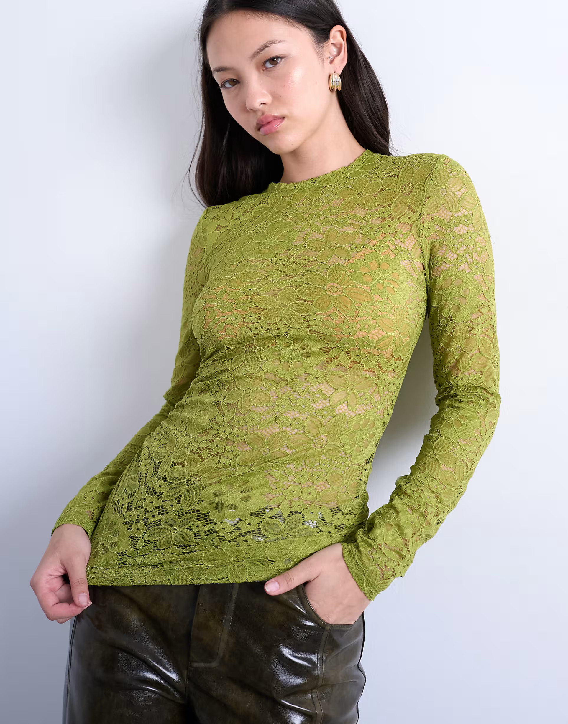 Topshop lace ruched side long sleeve top in green | ASOS (Global)
