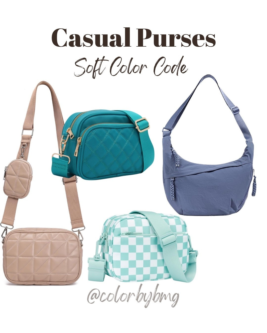 Casual Purses for Soft Color Codes

Colors:
1. Khaki
2. Peacock
3. Icy Blue Check
4. Blue

Soft Summer
Soft Autumn 