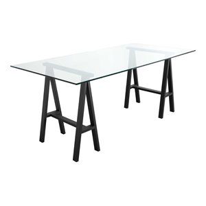 Pangea Home Brady Polished Steel Metal & Glass Desk in Black Frame/Clear Top | Cymax