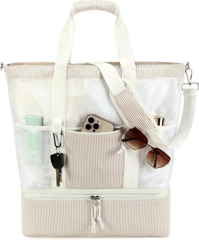 Bluboon Mesh Beach Tote Bag with Cooler Compartment Insulated Detachable Picnic Bag with Zipper a... | Amazon (US)
