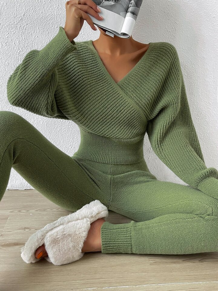 Overlap Collar Dolman Sleeve Sweater & Knit Pants | SHEIN