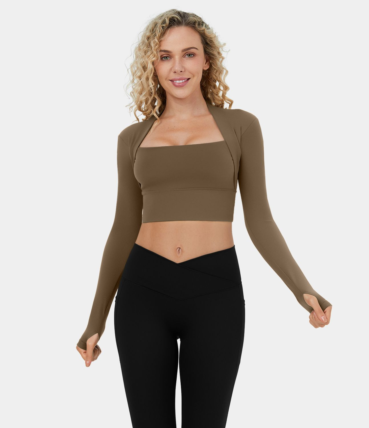 Women’s Softlyzero™ Plush Long Sleeve Thumb Hole 2-in-1 Cropped Yoga Sports Top - Halara | HALARA