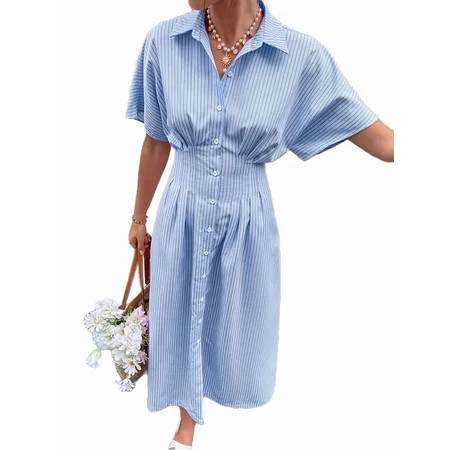 Women Button Front Pleated Shirt Dresses Summer Casual Short Sleeve Pleated Blouse Mini Dress Blue M | Walmart (US)