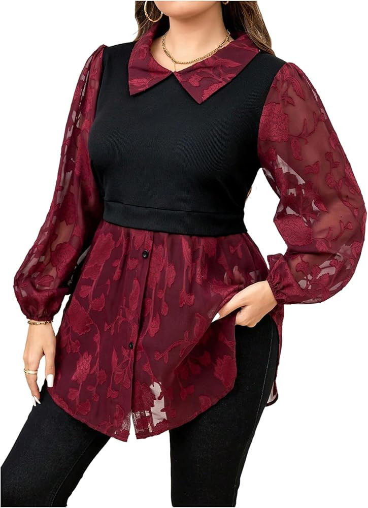 GORGLITTER Women's Plus Size 2 in 1 Tops Floral Bishop Long Sleeve Collar Uffle Hem Business Caus... | Amazon (US)