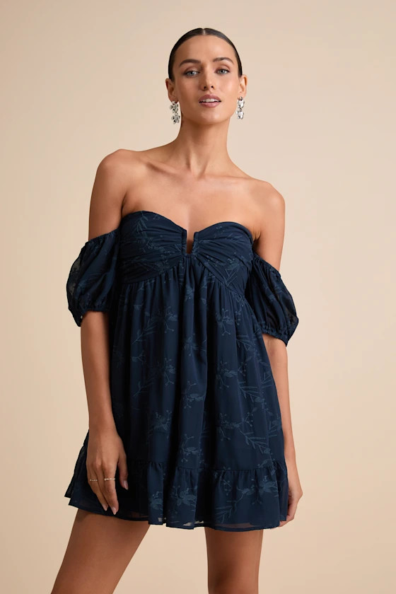 Cutest Icon Navy Embroidered Off-the-Shoulder Mini Dress | Lulus