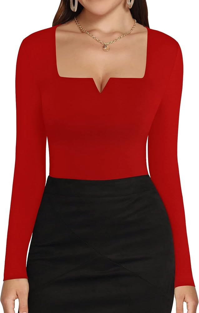 HERLOLLYCHIPS Long Sleeve Shirts for Women Tops Square Neck Notch Sexy Casual Fitted Tee T-Shirts... | Amazon (US)