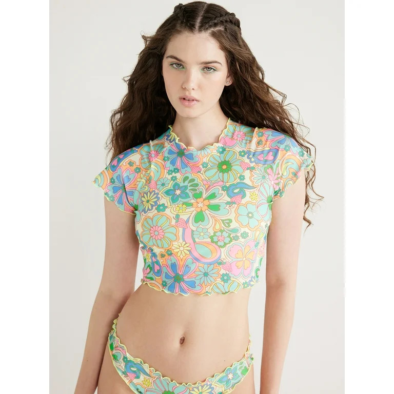No Boundaries Juniors’ Floral Lettuce Edge Cropped Swim Top, Sizes XS-XL | Walmart (US)
