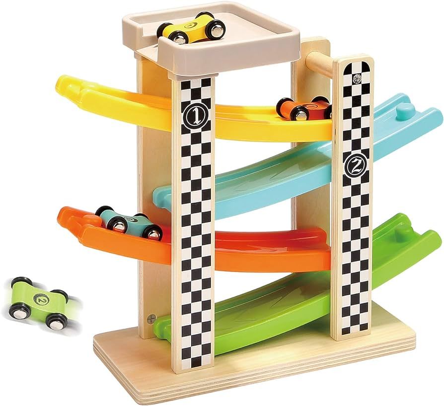 Toddler Toys for 1 2 Year Old Boy and Girl Gifts Wooden Race Track Car Ramp Racer with 4 Mini Car | Amazon (US)