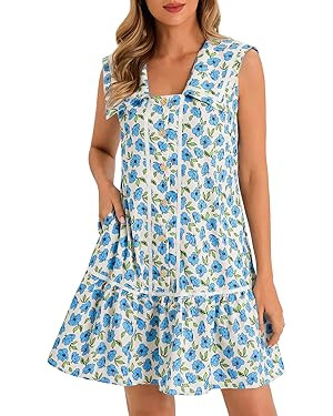 Wenrine Womens Mini Shirt Dress Casual Floral Sleeveless Collared Button Down Summer Dresses | Amazon (US)