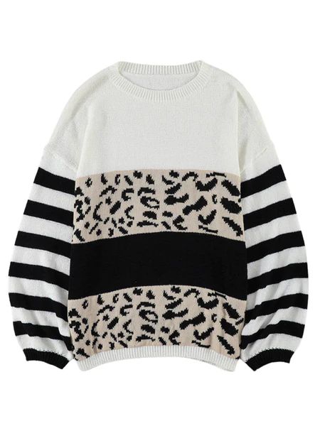 'Gemma' Crewneck Leopard Printed Striped Sweater | Goodnight Macaroon