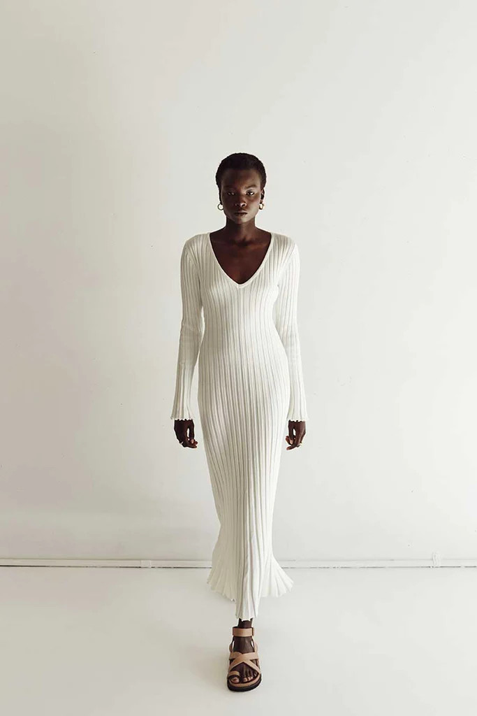 REIGN WHITE SLEEVED KNIT MIDI DRESS | DISSH
