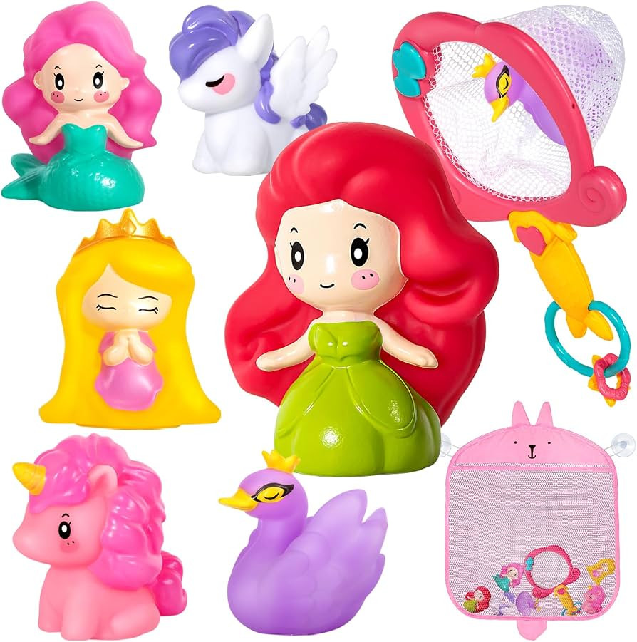 No Hole Bath Toys for Kids Ages 1-3, 8 Pcs Girl Bath Toys with Storage and Net, Sealed & Squeezab... | Amazon (US)