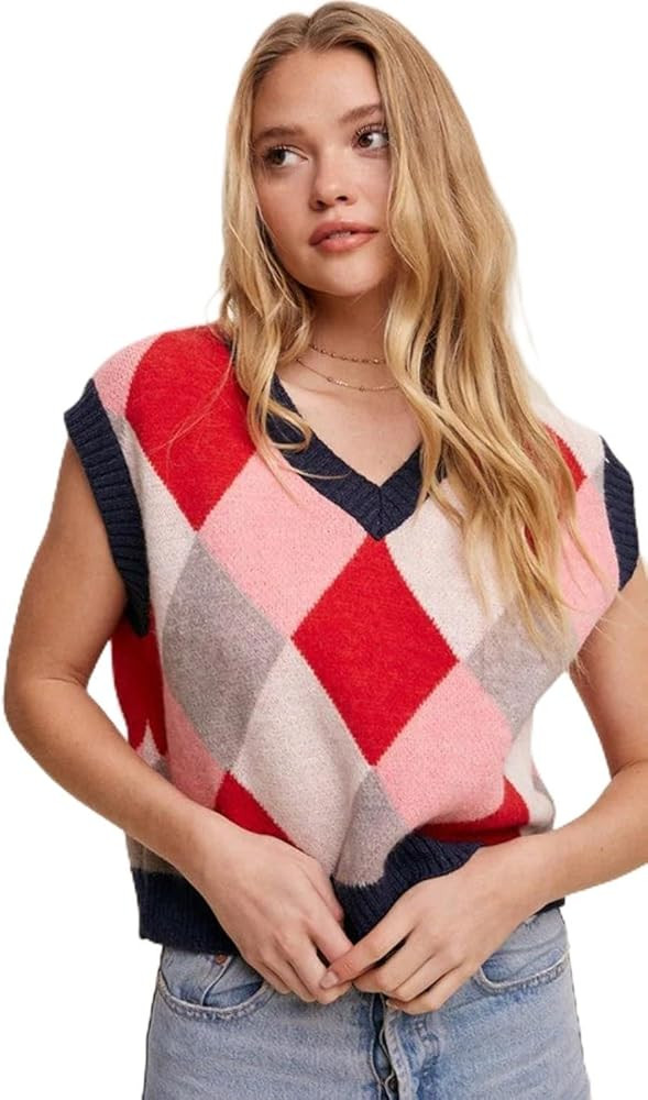 Argyle Cropped Sweater Vest Pink Multi S | Amazon (US)