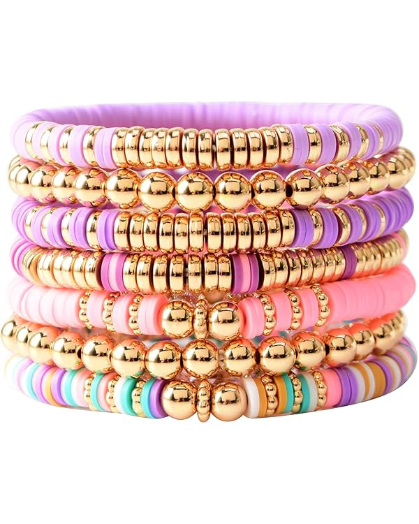 GOOJIDS Surfer Heishi Clay Bead Bracelets for Women Bohemian Stackable Evil Eye Vinyl Disc Beaded... | Amazon (US)